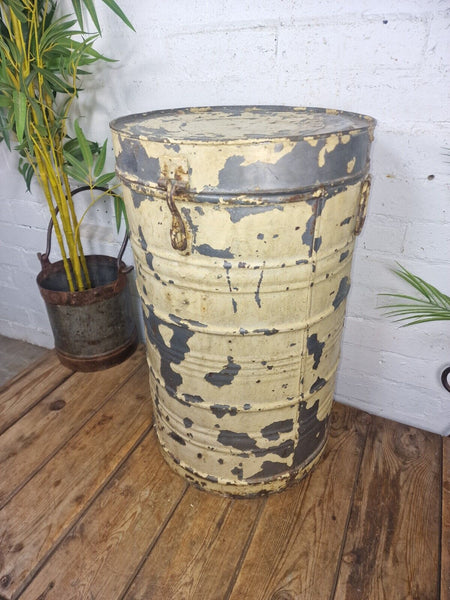 Vintage Indian Industrial Galvanised Metal Rice Grain Storage Drum Bin Cannister