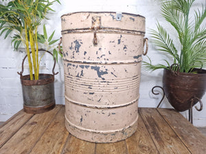 Vintage Indian Industrial Galvanised Metal Rice Grain Storage Drum Bin Cannister