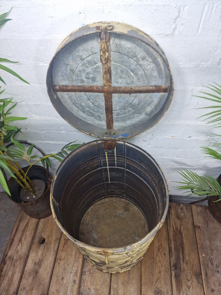 Vintage Indian Industrial Galvanised Metal Rice Grain Storage Drum Bin Cannister