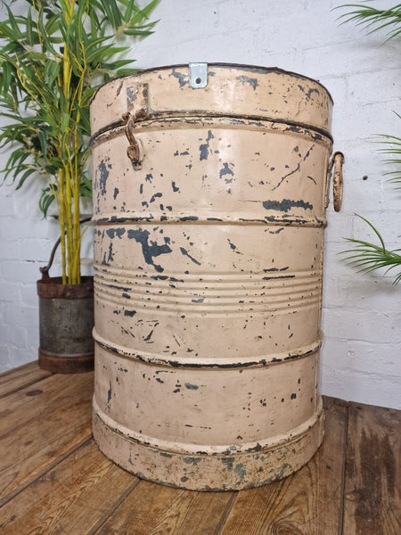 Vintage Indian Industrial Galvanised Metal Rice Grain Storage Drum Bin Cannister