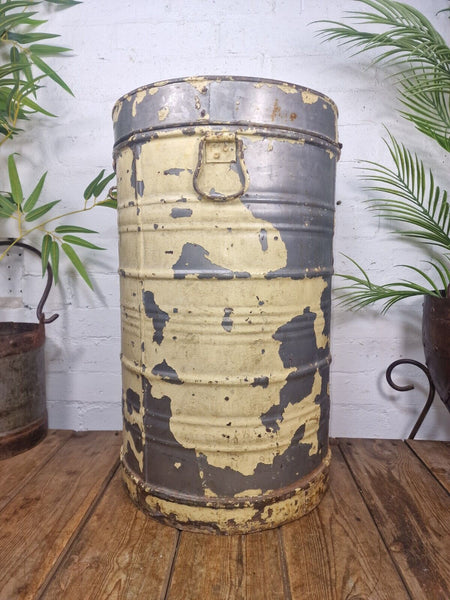 Vintage Indian Industrial Galvanised Metal Rice Grain Storage Drum Bin Cannister