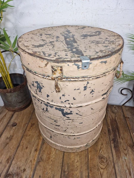 Vintage Indian Industrial Galvanised Metal Rice Grain Storage Drum Bin Cannister