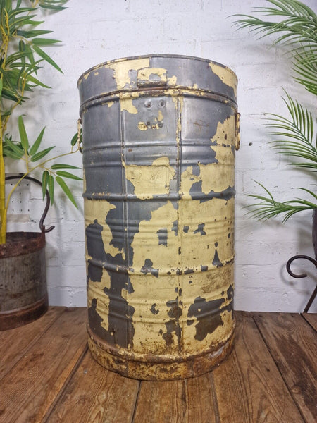 Vintage Indian Industrial Galvanised Metal Rice Grain Storage Drum Bin Cannister