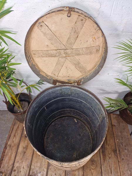 Vintage Indian Industrial Galvanised Metal Rice Grain Storage Drum Bin Cannister