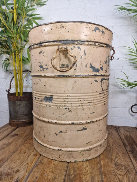 Vintage Indian Industrial Galvanised Metal Rice Grain Storage Drum Bin Cannister