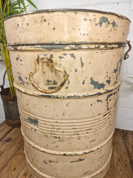 Vintage Indian Industrial Galvanised Metal Rice Grain Storage Drum Bin Cannister