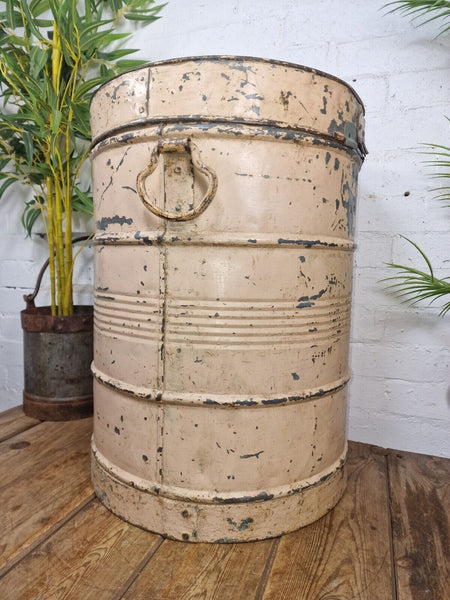 Vintage Indian Industrial Galvanised Metal Rice Grain Storage Drum Bin Cannister