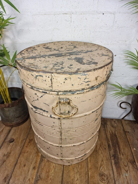 Vintage Indian Industrial Galvanised Metal Rice Grain Storage Drum Bin Cannister