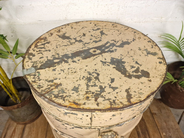 Vintage Indian Industrial Galvanised Metal Rice Grain Storage Drum Bin Cannister