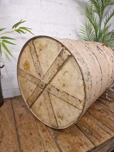Vintage Indian Industrial Galvanised Metal Rice Grain Storage Drum Bin Cannister