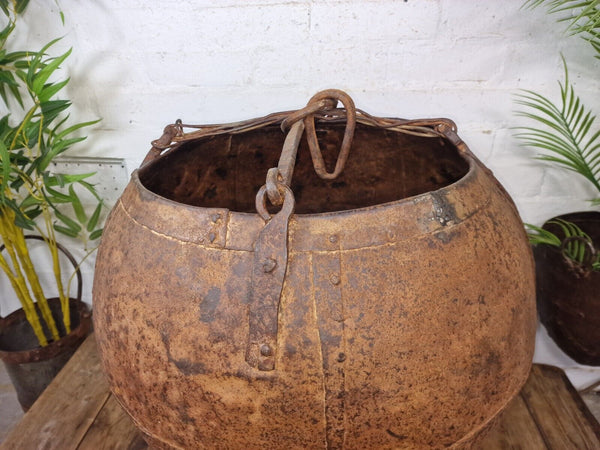XL Large Rustic Riveted Iron Metal Well Bucket Olive Tree Garden Planter Pot Tub