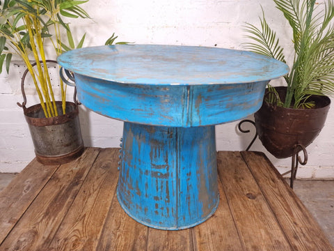 Vintage Reclaimed Indian Blue Metal Riveted Side Garden Bistro Coffee Side Table