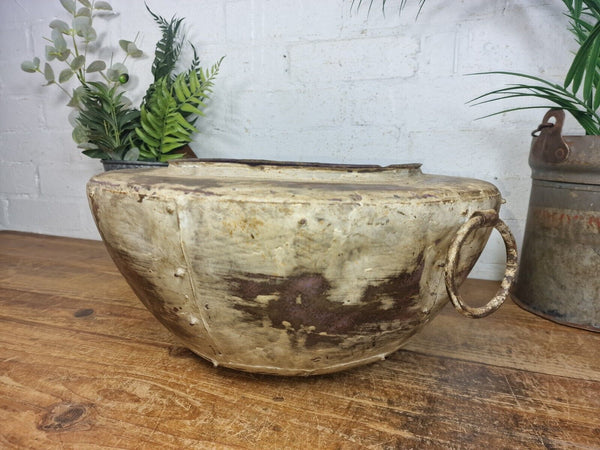 Rustic Reclaimed Riveted Indian Metal Iron Ball Garden Planter Tub Plant Pot