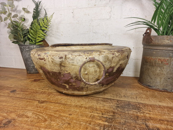 Rustic Reclaimed Riveted Indian Metal Iron Ball Garden Planter Tub Plant Pot