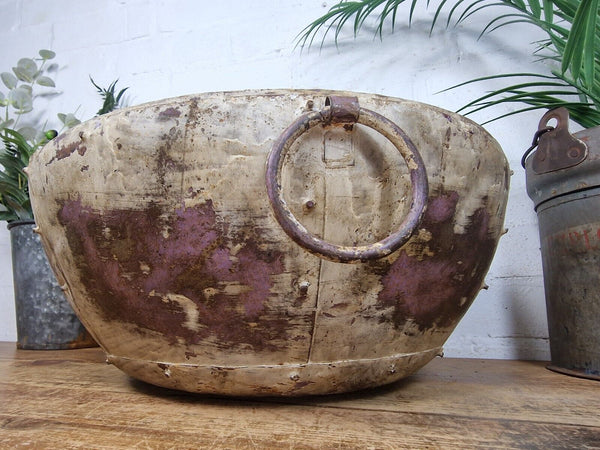 Rustic Reclaimed Riveted Indian Metal Iron Ball Garden Planter Tub Plant Pot