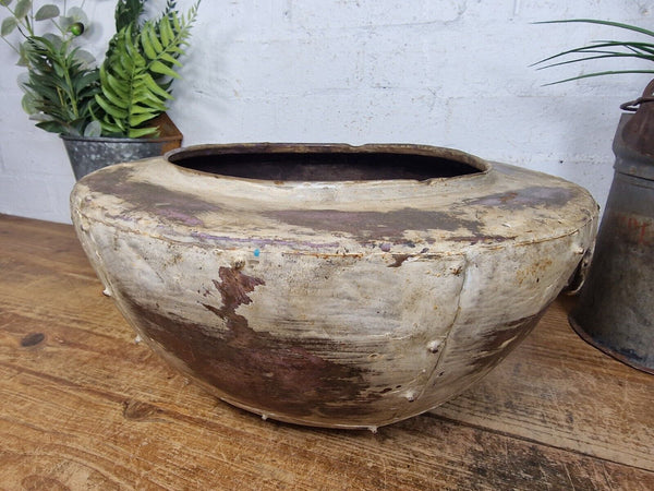 Rustic Reclaimed Riveted Indian Metal Iron Ball Garden Planter Tub Plant Pot