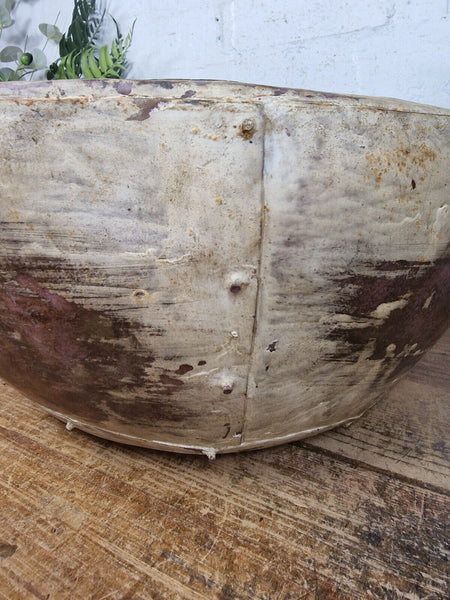 Rustic Reclaimed Riveted Indian Metal Iron Ball Garden Planter Tub Plant Pot