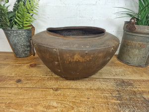 Rustic Reclaimed Riveted Indian Metal Iron Ball Garden Planter Tub Plant Pot