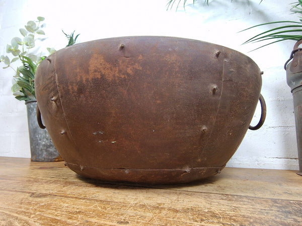 Rustic Reclaimed Riveted Indian Metal Iron Ball Garden Planter Tub Plant Pot