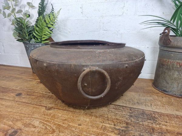 Rustic Reclaimed Riveted Indian Metal Iron Ball Garden Planter Tub Plant Pot