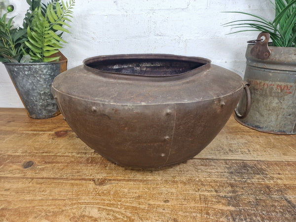 Rustic Reclaimed Riveted Indian Metal Iron Ball Garden Planter Tub Plant Pot