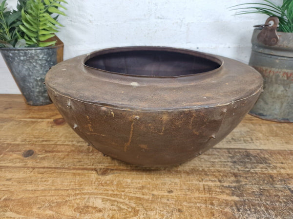 Rustic Reclaimed Riveted Indian Metal Iron Ball Garden Planter Tub Plant Pot