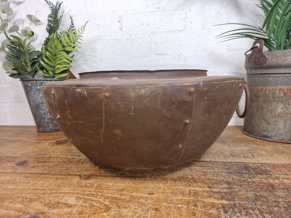 Rustic Reclaimed Riveted Indian Metal Iron Ball Garden Planter Tub Plant Pot