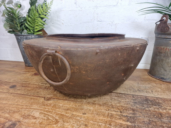 Rustic Reclaimed Riveted Indian Metal Iron Ball Garden Planter Tub Plant Pot