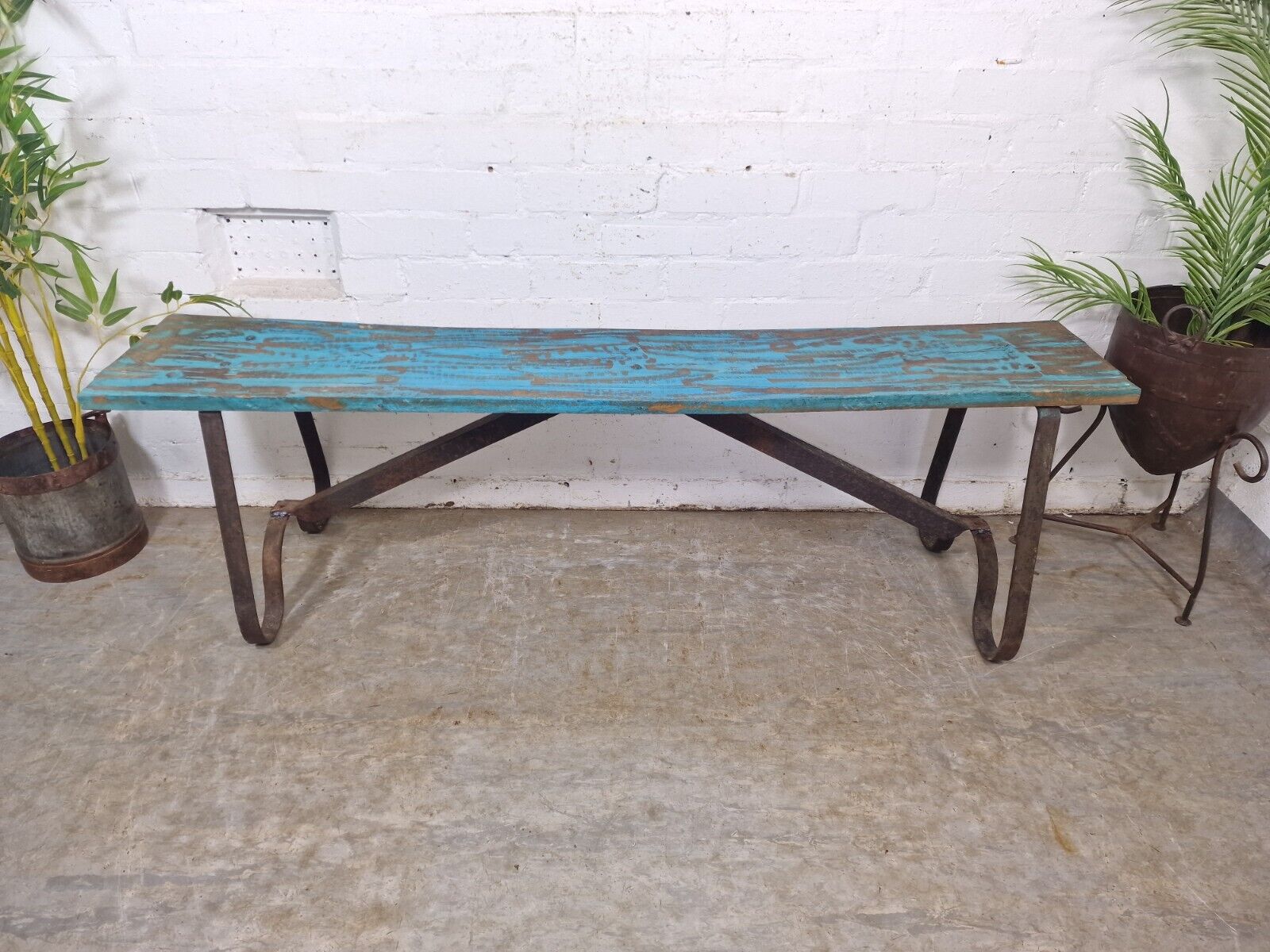 Vintage Reclaimed Industrial Wrought Iron Solid Hard Wood Garden Bench Seat