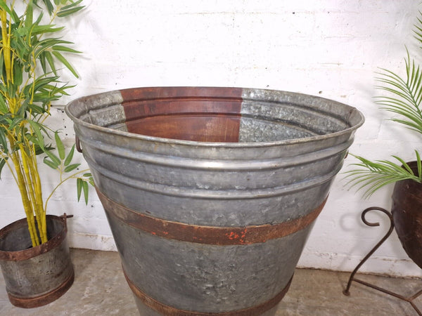 XL large Reclaimed Galvanised Metal Round Olive Tree Garden Planter Tub Trough