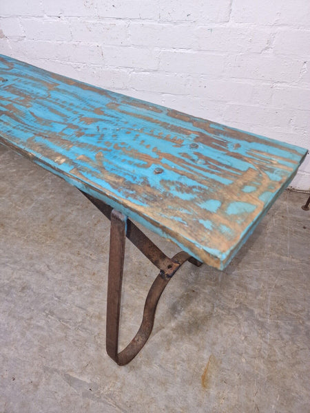 Vintage Reclaimed Industrial Wrought Iron Solid Hard Wood Garden Bench Seat