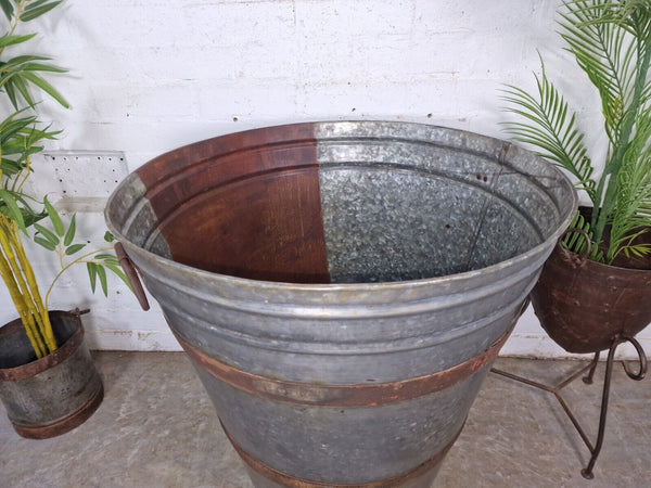 XL large Reclaimed Galvanised Metal Round Olive Tree Garden Planter Tub Trough