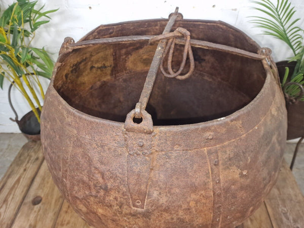 XL Large Rustic Riveted Iron Metal Well Bucket Olive Tree Garden Planter Pot Tub