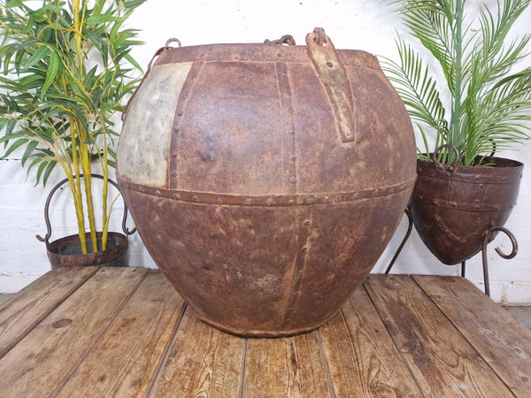XL Large Rustic Riveted Iron Metal Well Bucket Olive Tree Garden Planter Pot Tub