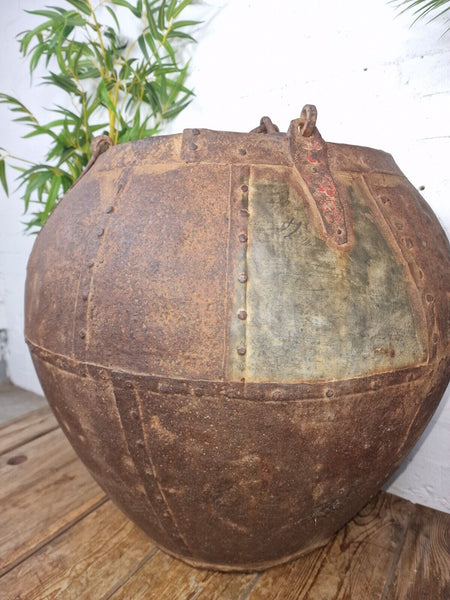 XL Large Rustic Riveted Iron Metal Well Bucket Olive Tree Garden Planter Pot Tub
