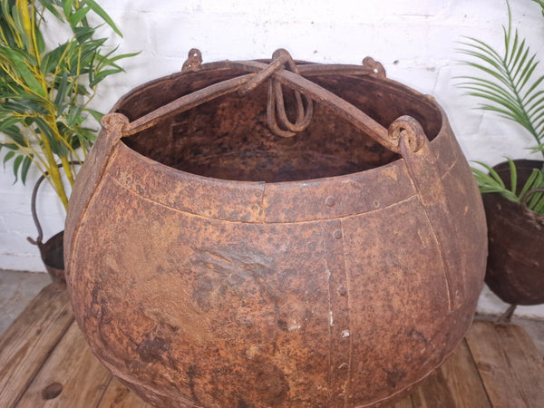 XL Large Rustic Riveted Iron Metal Well Bucket Olive Tree Garden Planter Pot Tub