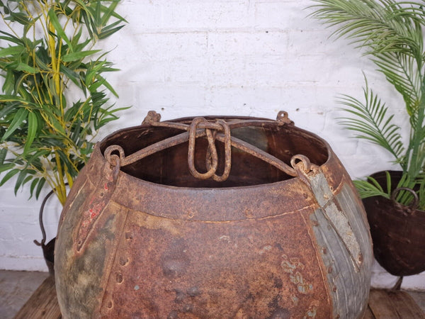 XL Large Rustic Riveted Iron Metal Well Bucket Olive Tree Garden Planter Pot Tub