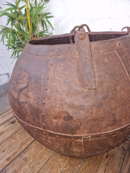 XL Large Rustic Riveted Iron Metal Well Bucket Olive Tree Garden Planter Pot Tub