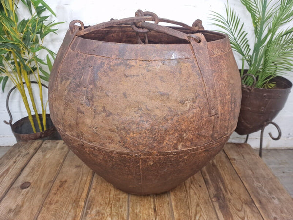 XL Large Rustic Riveted Iron Metal Well Bucket Olive Tree Garden Planter Pot Tub