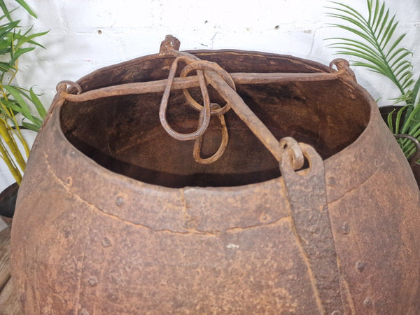 XL Large Rustic Riveted Iron Metal Well Bucket Olive Tree Garden Planter Pot Tub