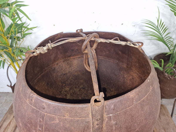 XL Large Rustic Riveted Iron Metal Well Bucket Olive Tree Garden Planter Pot Tub