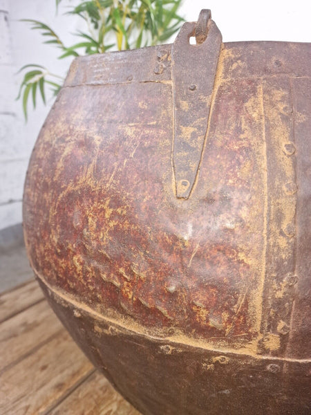XL Large Rustic Riveted Iron Metal Well Bucket Olive Tree Garden Planter Pot Tub