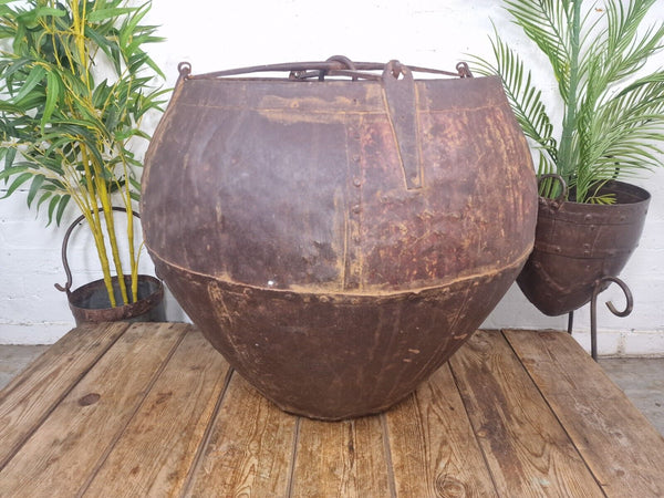 XL Large Rustic Riveted Iron Metal Well Bucket Olive Tree Garden Planter Pot Tub