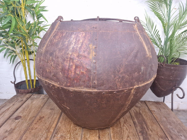 XL Large Rustic Riveted Iron Metal Well Bucket Olive Tree Garden Planter Pot Tub