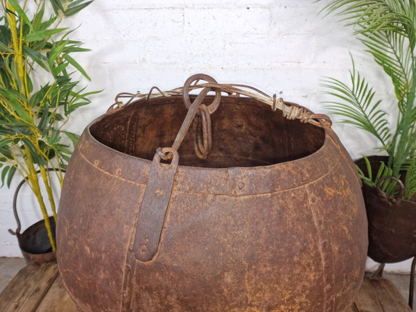 XL Large Rustic Riveted Iron Metal Well Bucket Olive Tree Garden Planter Pot Tub
