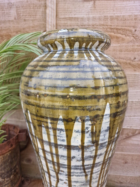 Large Mediterranean Artisan Green Glazed Terracotta Vase Urn Dry Flowers
