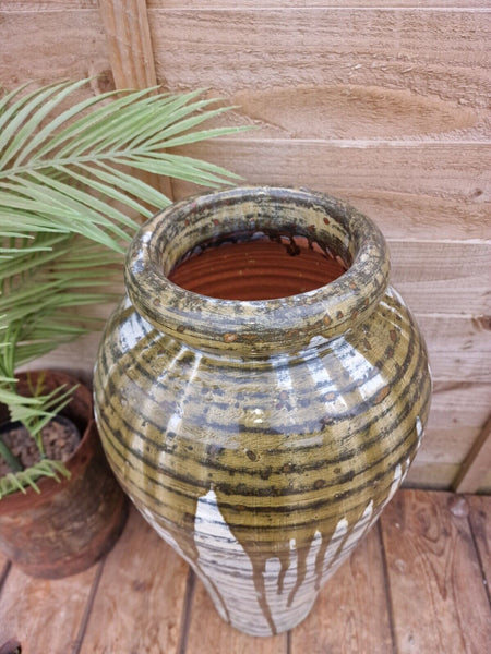 Large Mediterranean Artisan Green Glazed Terracotta Vase Urn Dry Flowers