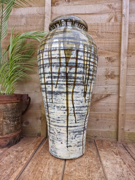 Large Mediterranean Artisan Green Glazed Terracotta Vase Urn Dry Flowers
