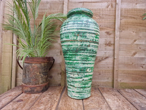 Large Mediterranean Artisan Green Painted Glazed Terracotta Vase Urn Dry Flowers