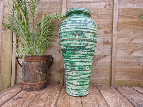 Large Mediterranean Artisan Green Painted Glazed Terracotta Vase Urn Dry Flowers